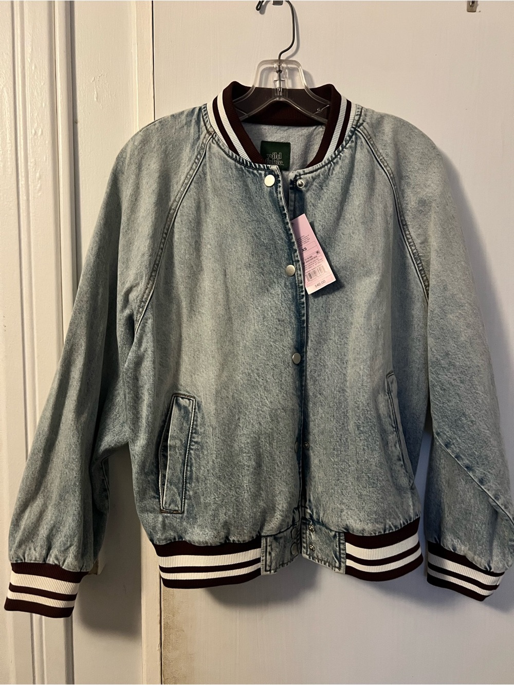 wild fable Light Wash Denim Bomber Jacket with Brown & White Stripe Trim